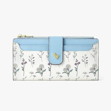 Imagem de Carteira feminina fina com bloqueio de RFID, carteira longa de couro vegano floral dobrável com bolso com zíper, Azul, 7.48 x 3.93 x 0.98 inches, Clássico