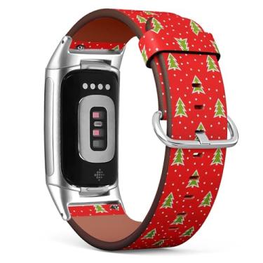 Imagem de MRAKPLGE Pulseira de relógio, estampa verde de árvores de Natal, compatível com Fitbit Charge 6/Fitbit Charge 5, pulseira de couro vegano de substituição, pulseira, pulseira para homens e mulheres