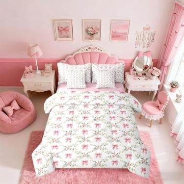 Imagem de Erosebridal Jogo de lençol solteiro de 7 peças com laço rosa e estampa abstrata, lençol com elástico respirável, leve, estilo princesa sonhadora, 7 peças