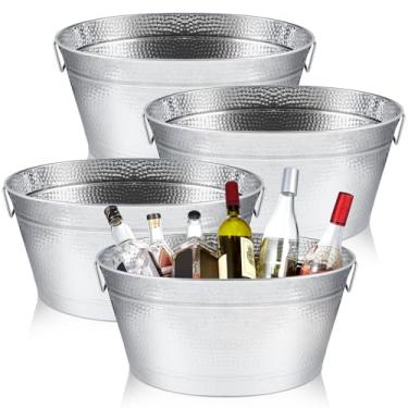 Imagem de Uiifan Balde de gelo grande de metal oval martelado, 4 peças, 24 litros, 19 litros, aço inoxidável martelado, grande, para bebidas, balde, recipiente de gelo para bar, festas de casamento, aniversário