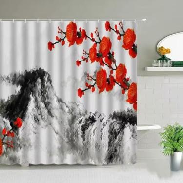 Imagem de Cortina de chuveiro de paisagem com pintura de tinta de flor, estilo chinês, cenário floral, tela de banheiro, impermeável, cortina pendurada 85 x 150 cm/LxA, cortina de banheira à prova d'água