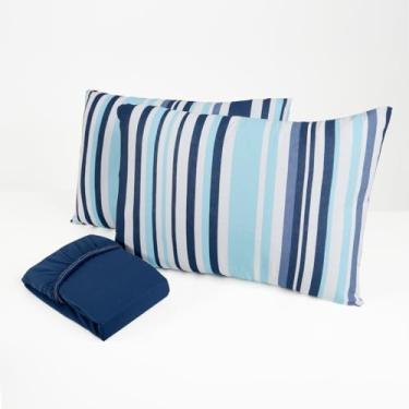 Imagem de Jogo de Cama Queen 3 Peças Malha 100% Algodão Lençol com Elástico Fronhas Estampadas Toque Macio(Contemporâneo marinho)