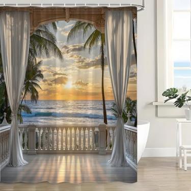 Imagem de Cortina de chuveiro Ocean Beach, pôr do sol, palmeira, tropical, litoral, Havaí, ondas do mar, paisagem marítima, nascer do sol, cenário natural, conjunto de cortina de banheiro com gancho, 177 x 177