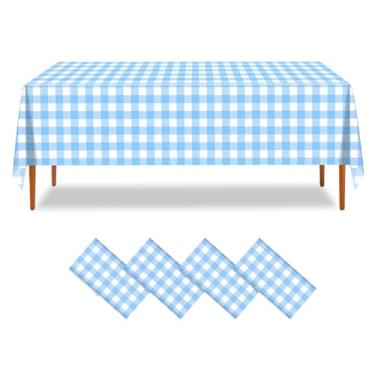 Imagem de ZHIAXTON Pacote com 4 toalhas de mesa azul guingão, 137 x 273 cm, descartável, retangular, azul claro, para aniversários, casamentos, acampamentos, piqueniques, decorações de festa