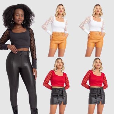 Imagem de Kit 5 Cropped Blusinha Feminina Canelada Manga Longa Tule Poa Bolinha 
