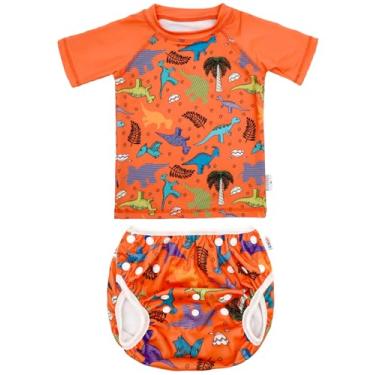 Imagem de ALVABABY Roupa de banho para bebês, roupa de banho infantil de manga curta, fralda reutilizável para bebês com blusa combinando para meninos e meninas, Dinossauros e laranja, 1-3 Anos