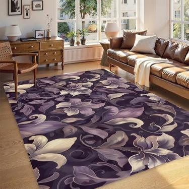 Imagem de Gearsly Tapete de textura floral de luxo roxo para sala de estar 13 x 18 cm, suporte antiderrapante, lavável na máquina, tapete dobrável fácil para casa, escritório, dormitório