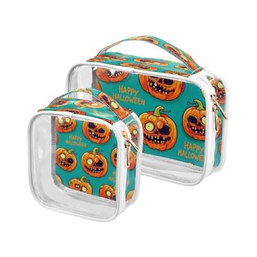 Imagem de xigua Bolsa de maquiagem feminina de abóboras de Halloween, bolsa de cosméticos transparente para viagem, impermeável, bolsa de higiene pessoal portátil para viagens, férias, organização de banheiro