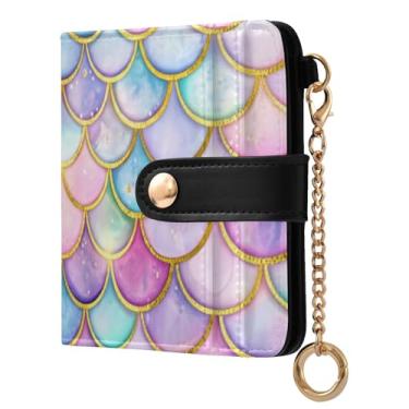 Imagem de STAYTOP Linda carteira feminina colorida com escamas de sereia com bloqueio de RFID, de couro macio, dobrável e compacta, porta-cartões com zíper, bolso para moedas, janela para identidade