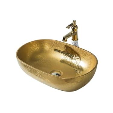 Imagem de Vessel Vanity Sink Estilo Europeu Luxuoso Lavatório Dourado Hotel Pia de Banheiro Oval Acima do Balcão Bancada Moderna