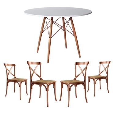 Imagem de Conjunto De Mesa Eiffel Redondo Tampo De Madeira 110Cm Branco Com 4 Cadeiras Cobre - Branco