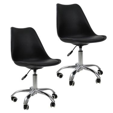 Imagem de Kit 2 Cadeiras Office Base Cromada Com Rodízio Giratória Saarinen Preto