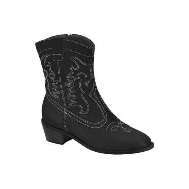 Imagem de Bota Moleca Country Cano Curto Com Bordado E Salto Bloco Preto, Preto,