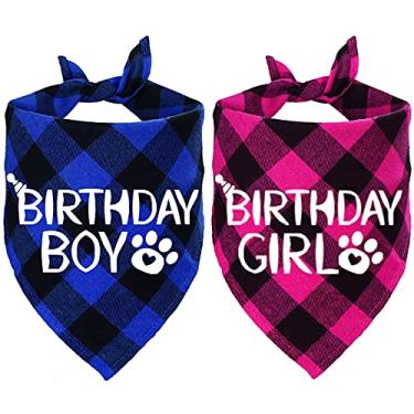 Imagem de STMK Pacote com 2 bandanas de aniversário para cães, cachorro aniversário menino menina bandana xadrez cachecol triângulo para cachorro suprimentos de festa de aniversário