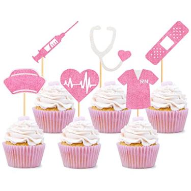 Imagem de Keaziu Pacote com 24 topos de cupcake rosa para enfermagem, graduação, cupcake, palitos médicos temáticos de bolo de enfermagem, artigos de decoração de festa de aniversário