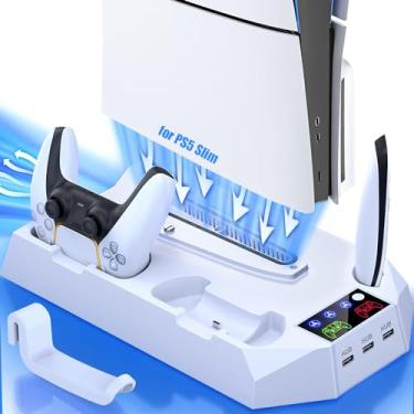 Imagem de Estação de resfriamento PS5 Slim. Para ps5 e ps5 slim disc/edição digital base de suporte vertical com carregador de controlador duplo/suporte de fone de ouvido/3 hubs usb (Branco)