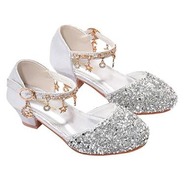 Imagem de CsgrFagr Sapatos femininos de flores salto Mary Jane festa de casamento sapatos balé dança princesa glitter sapatos para pequenos, Prata, 4 Big Kid