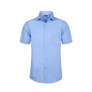 Imagem de Double Pump Camisas sociais masculinas de manga curta com ajuste regular, camisas casuais de negócios sólidas, Azul 323, 6G