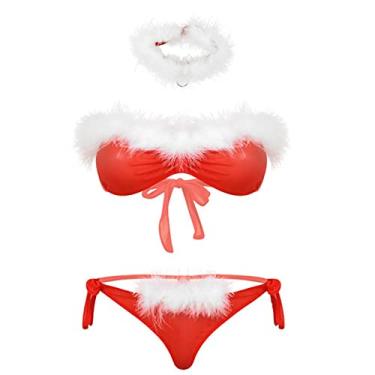 Imagem de YQHWLKJ Conjunto de lingerie de Natal de cosplay sexy para mulher, sutiã sem alças com ornamento de penas de malha transparente erótica, sutiã sem alças com calcinhas e gargantilha, Vermelho, P