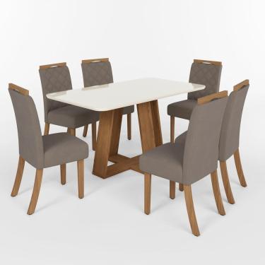 Imagem de Conjunto Sala Jantar Mesa Lins 160cm Canto Arredondado com Vidro + 6 Cadeiras Bella Marrom/Off White/Marrom Amêndoa