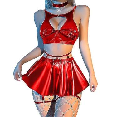 Imagem de Lilosy Meia-liga sexy com aro aro push up cinta-liga saia feminina 5 peças, Vermelho, P