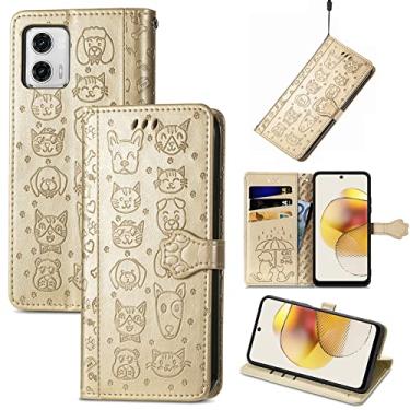 Imagem de Monwutong Capa carteira de celular para Motorola Moto G73, capa de couro PU com desenho fofo de gato e cachorro com fecho magnético e slots de cartão de dinheiro capa coldre para Moto G73, CD dourado