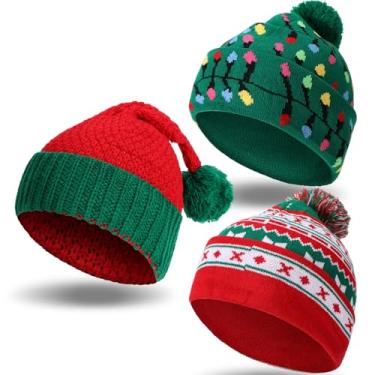 Imagem de Chivao 3 pçs 2024 Natal Papai Noel Elf gorro gorro inverno tricotado Papai Noel Natal chapéu com pompom para adultos mulheres homens presente, Vermelho e verde, M