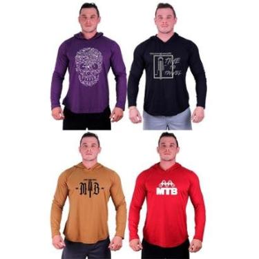 Imagem de Kit 4 Camisetas Manga Longa com Touca Longline Estampada Treino Academia Lazer Casual-Masculino