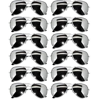 Imagem de OWL Pacote com 12 óculos de sol aviador, lentes espelhadas, femininas, masculinas, com armação preta, prata, dourada, Prateado espelhado