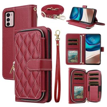 Imagem de Dswteny Argyle Capa carteira para Motorola Moto G42 4G com alça de pulso, alça de ombro, bolsa de couro PU flip suporte para cartão de crédito acessórios capa de celular para G 42 4G mulheres meninas