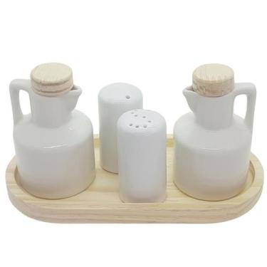 Imagem de Kit Galheteiro 5 peças Azeite, Vinagre, Sal e Paliteiro - Porcelana e 