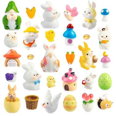 Imagem de FEXIA Miniestatuetas de resina de animais de Páscoa para esconder com coelho ovo de Páscoa pintinho perfeito para decorações de Páscoa (30 peças)