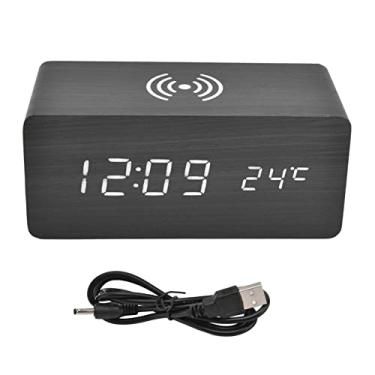 Imagem de Despertador digital de carregamento sem fio Detecção automática de temperatura seguro estável LED relógio eletrônico para Home Office Desktop Use PVC Walnut Material 16,1x7x6,9 cm (Preto)