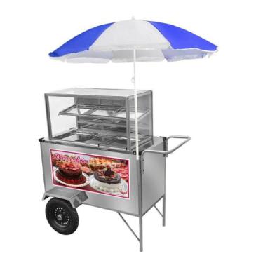 Imagem de Carrinho de Doces e Bolos Inox Guarda Sol Rodas Pneumáticas Cefaz