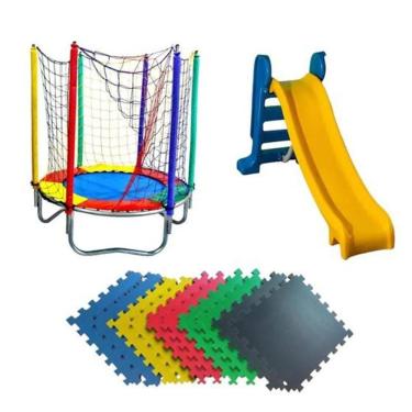 Imagem de Kit Brinquedos Infantis Cama Elástica 1,40m com Escorregador Médio Amarelo e Tatame EVA - Playtime