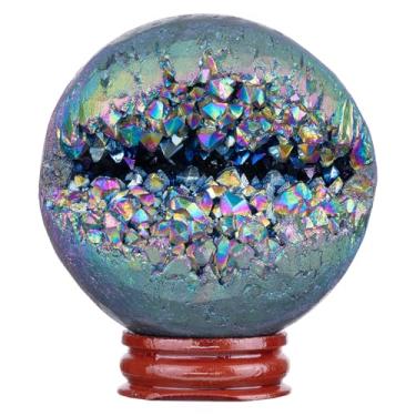 Imagem de Rockcloud Esfera de cristal de quartzo colorida revestida de titânio com suporte de madeira, esfera geodo de cristal de rocha natural para decoração de casa de adivinhação, 61-70 mm