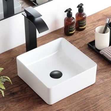 Imagem de KDKSC Pia de vaso de banheiro pequena 30 cm x 30 cm Pia de banheiro quadrada de cerâmica branca pia moderna acima do balcão arte bacia