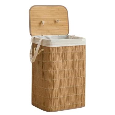 Imagem de Cesto de lavanderia com tampa, cesto de roupa suja de 72 litros com 2 sacos de forro removíveis, cesto de roupas de vime sintético, organização de lavanderia para banheiro, lavanderia, natural
