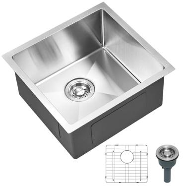 Imagem de Xiiwin Pia de cozinha pequena de 45,7 cm, 45,7 cm x 43,2 cm, tigela única de aço inoxidável para bar de vinhos, lavanderia, prata escovada