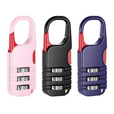 Imagem de Conjunto de 3 cadeados combinados de 3 dígitos pequenos para academia, à prova d'água, trava de bagagem para mochila, diário, zíper, preto, azul, rosa