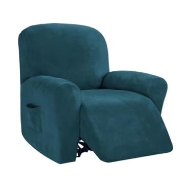 Imagem de Ｂｅｓｇａ Capa de veludo respirável, lavável, confortável, antiderrapante e ajustável para poltrona reclinável com bolso, Azul