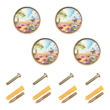 Imagem de Burbuja Maçanetas de armário de cozinha Sunny Field of Flowers, pacote com 4, puxadores redondos de 3,5 cm, puxadores de cômoda com parafusos para armários de cozinha, quarto, armário