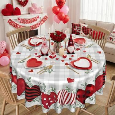 Imagem de Dolficy Toalha de mesa redonda para o dia dos namorados, 70 cm, xadrez búfalo, decoração de dia dos namorados, decoração de coração vermelho, poliéster, para piquenique, festa, jantar