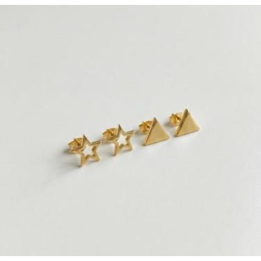 Imagem de Kit 2 Brincos Estrela e Triangulo Delicado Pequeno Folheado a Ouro 18k