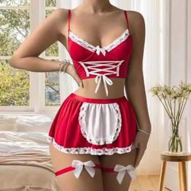 Imagem de Conjunto de lingerie para mulheres, mini saia sexy, conjunto de lingerie sexy de renda, roupa de empregada exótica para mulheres, Vermelho, XGG