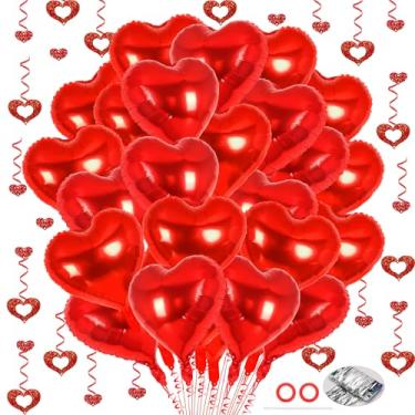 Imagem de 24 balões de coração vermelho, 100 peças de flâmulas penduradas em coração, balões de alumínio de 45,7 cm, balão de dia dos namorados, balão de amor para decoração de festa de casamento (vermelho)