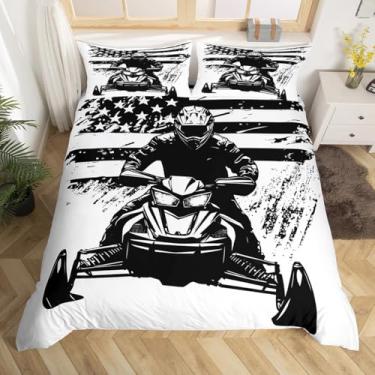 Imagem de Jogo de cama snowmobile Rider, capa de edredom estilo competição de jogos de corrida para crianças, adolescentes e adultos, preto branco bandeira americana grafite decoração colcha capa com 2 fronhas
