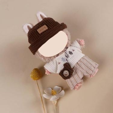 Imagem de Compatível com Labubu (sem boneca) - Conjunto de roupa retrô marrom-branco (chapéu de couro + top waffle com estampa de cereja + shorts listrados + mini bolsa), roupas de boneca de 15 cm/17 cm (marrom