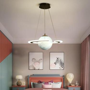 Imagem de Luz Pendente Led Para Crianças Planeta Azul Regulável Planetas De Vidro Modernos Luz Pendente Com Halo Meninas Meninos Quarto Pendurado Lâmpada Altura Ajustável Lustre Modern, Tricolor Dimming, Type B