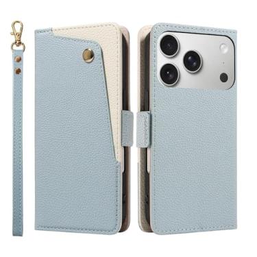 Imagem de Genérico Capa de couro com espelho para iPhone 17/17 Air/17 Pro/17 Pro MAX, capa com tampa e pulseira, suporte dobrável e proteção tudo incluído (azul, 17)